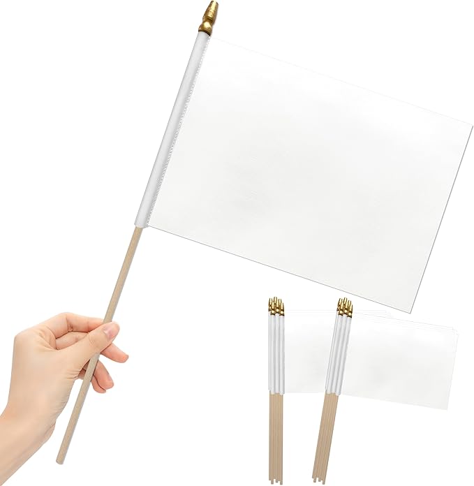 8×12 Inch Solid White Flags Small Blank Flags on Wood Stick with a single Full Color Imprint