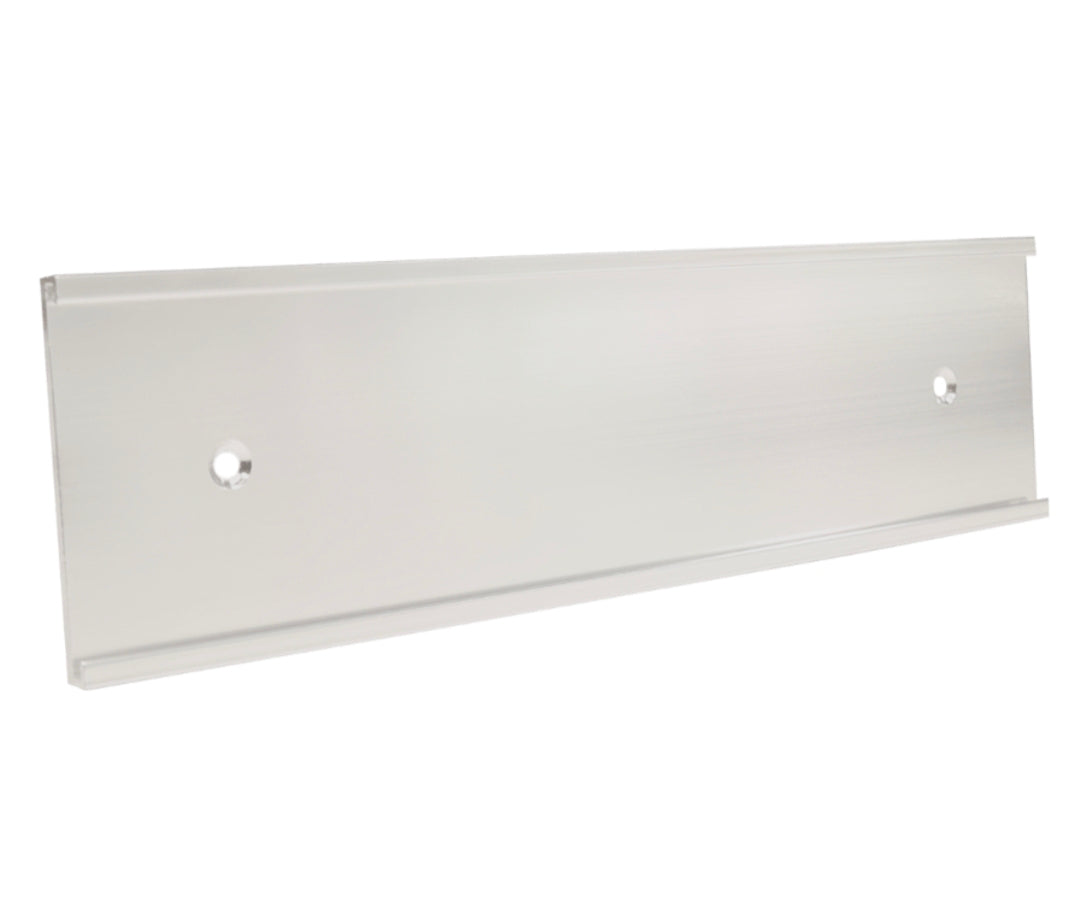 Satin silver metal nameplate bracket with two mounting holes