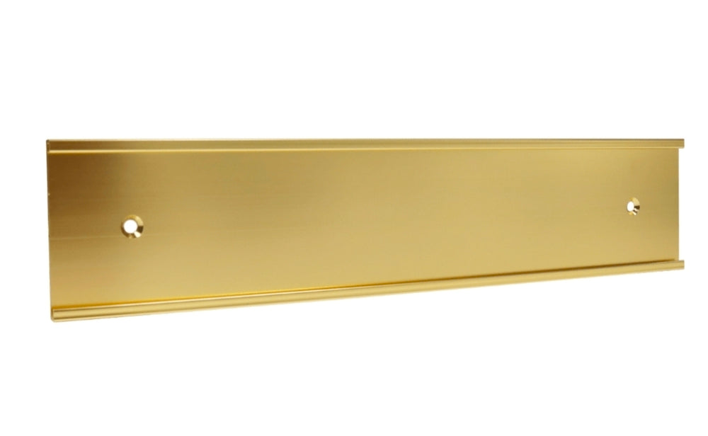 Yellow gold metal nameplate bracket with two mounting holes