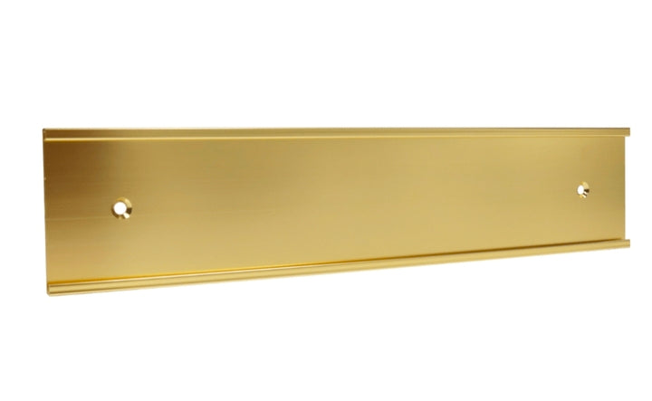 Yellow gold metal nameplate bracket with two mounting holes