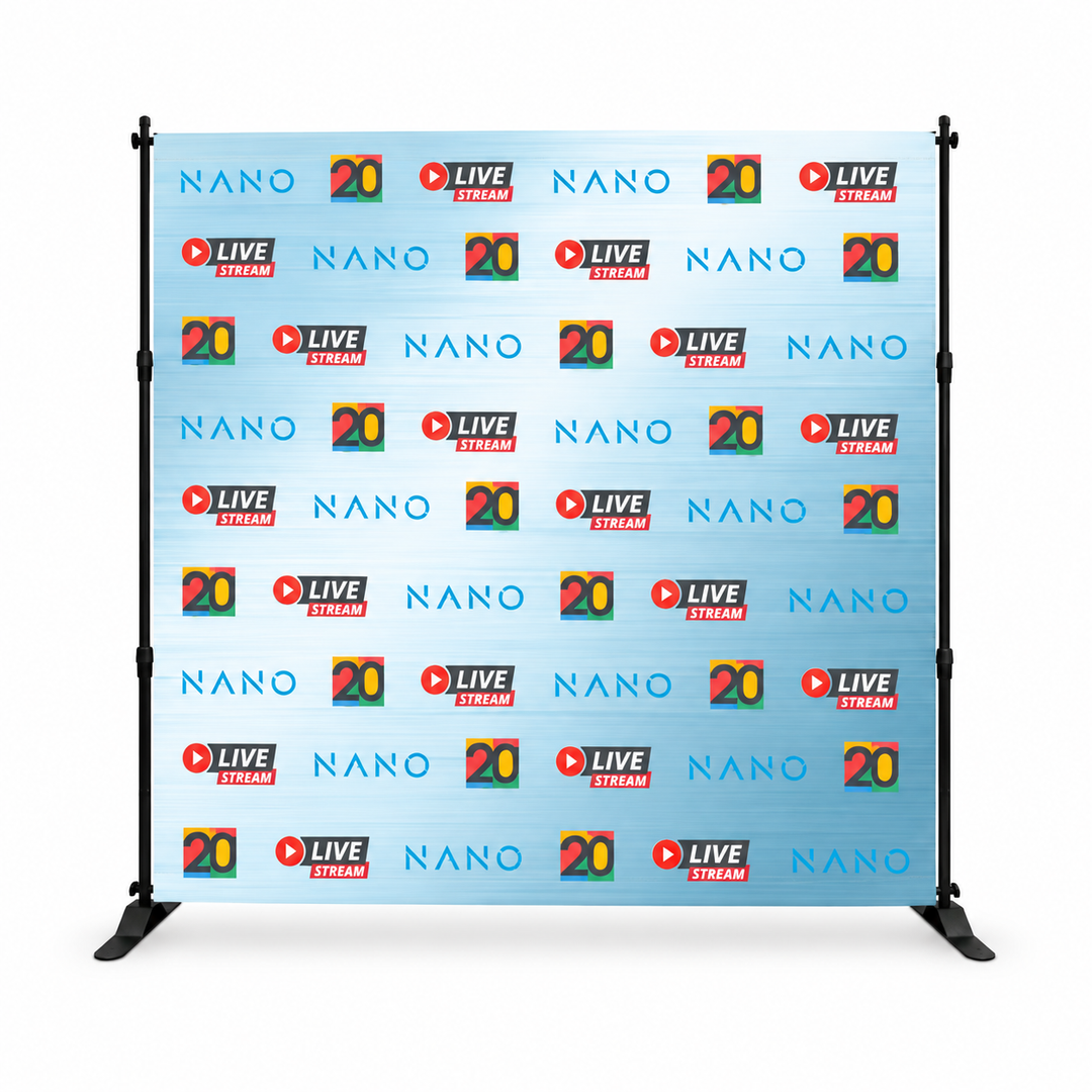 Illustrative front view of a printed fabric backdrop on an adjustable black banner stand