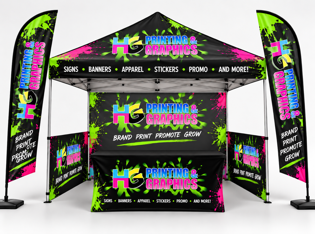 HG Printing & Graphics branded 10x10 tent, walls, table throw and feather flags