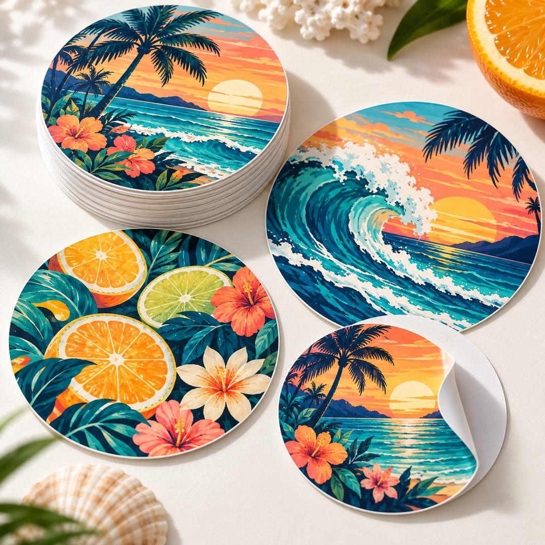 Custom round vinyl sticker examples with colorful printed artwork and peel-back detail