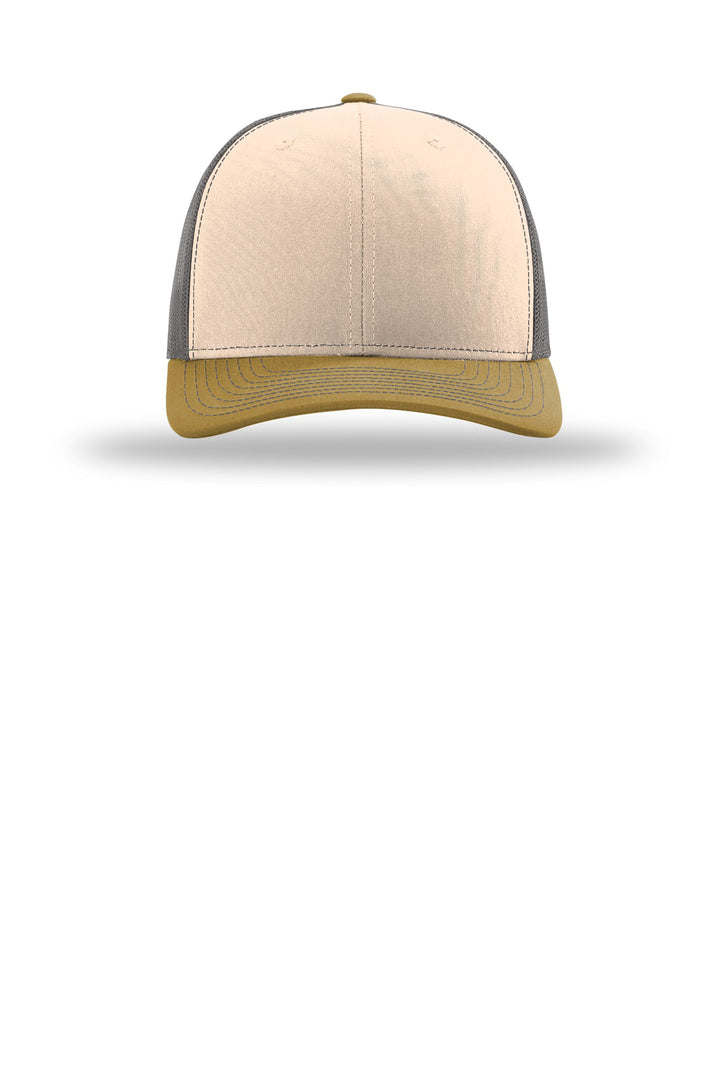 Richardson Trucker Cap 112 — Mink Beige/ Charcoal/ Amber Gold — front