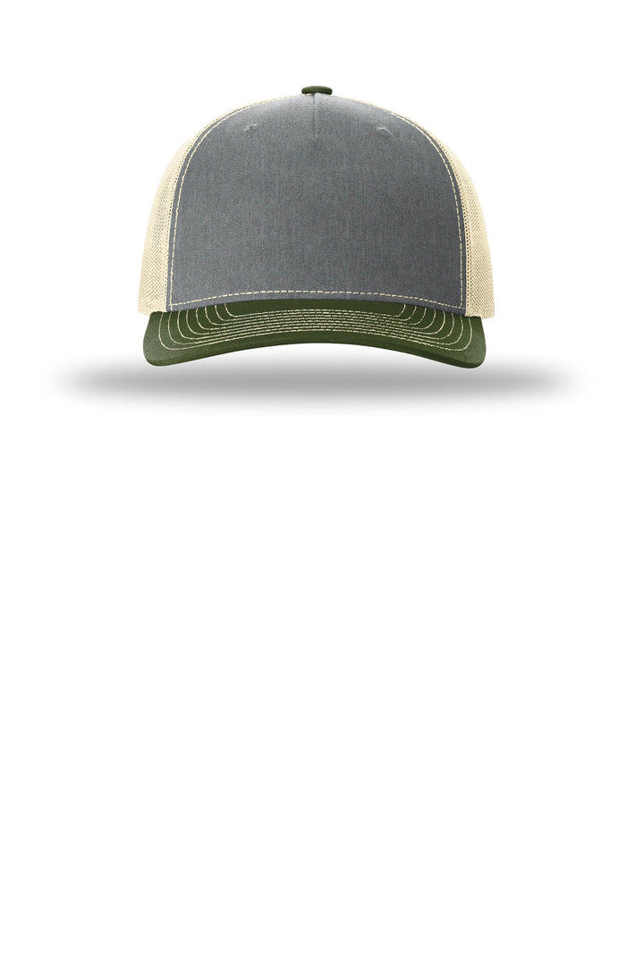 Richardson Five-Panel Trucker 112FP — Heather Grey/ Birch/ Army Olive — front
