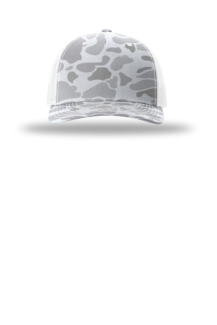Richardson Printed Five-Panel Trucker 112PFP — Blizzard Duck Camo/ White — front