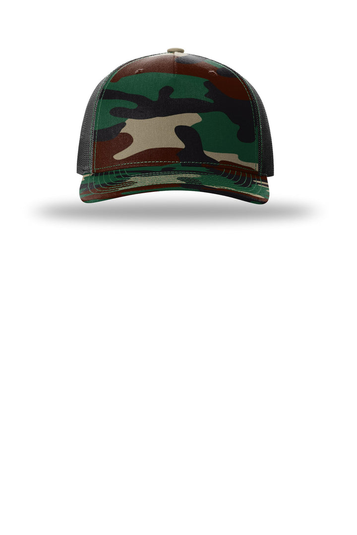 Richardson Printed Five-Panel Trucker 112PFP — Green Camo/ Black — front