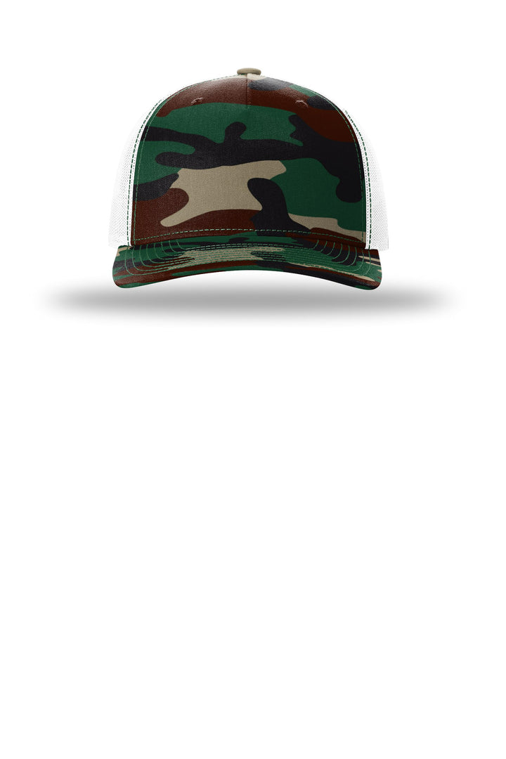 Richardson Printed Five-Panel Trucker 112PFP — Green Camo/ White — front