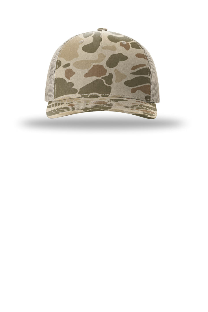 Richardson Printed Five-Panel Trucker 112PFP — Harvest Duck Camo/ Light Tan — front