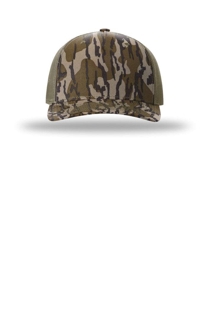 Richardson Printed Five-Panel Trucker 112PFP — Mossy Oak Bottomland/ Loden — front