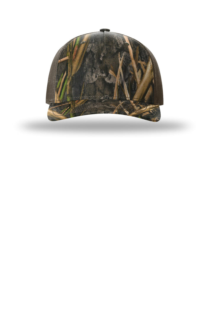 Richardson Printed Five-Panel Trucker 112PFP — Mossy Oak Habitat/ Brown — front