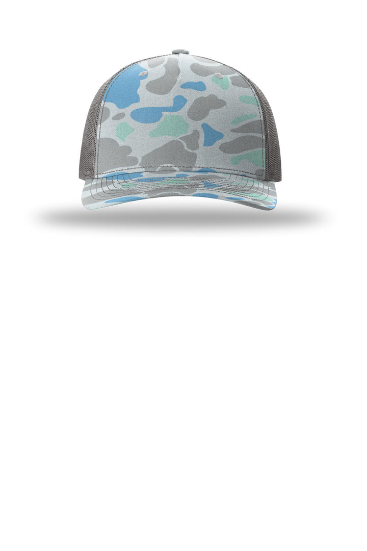 Richardson Printed Five-Panel Trucker 112PFP — Saltwater Duck Camo/ Charcoal — front