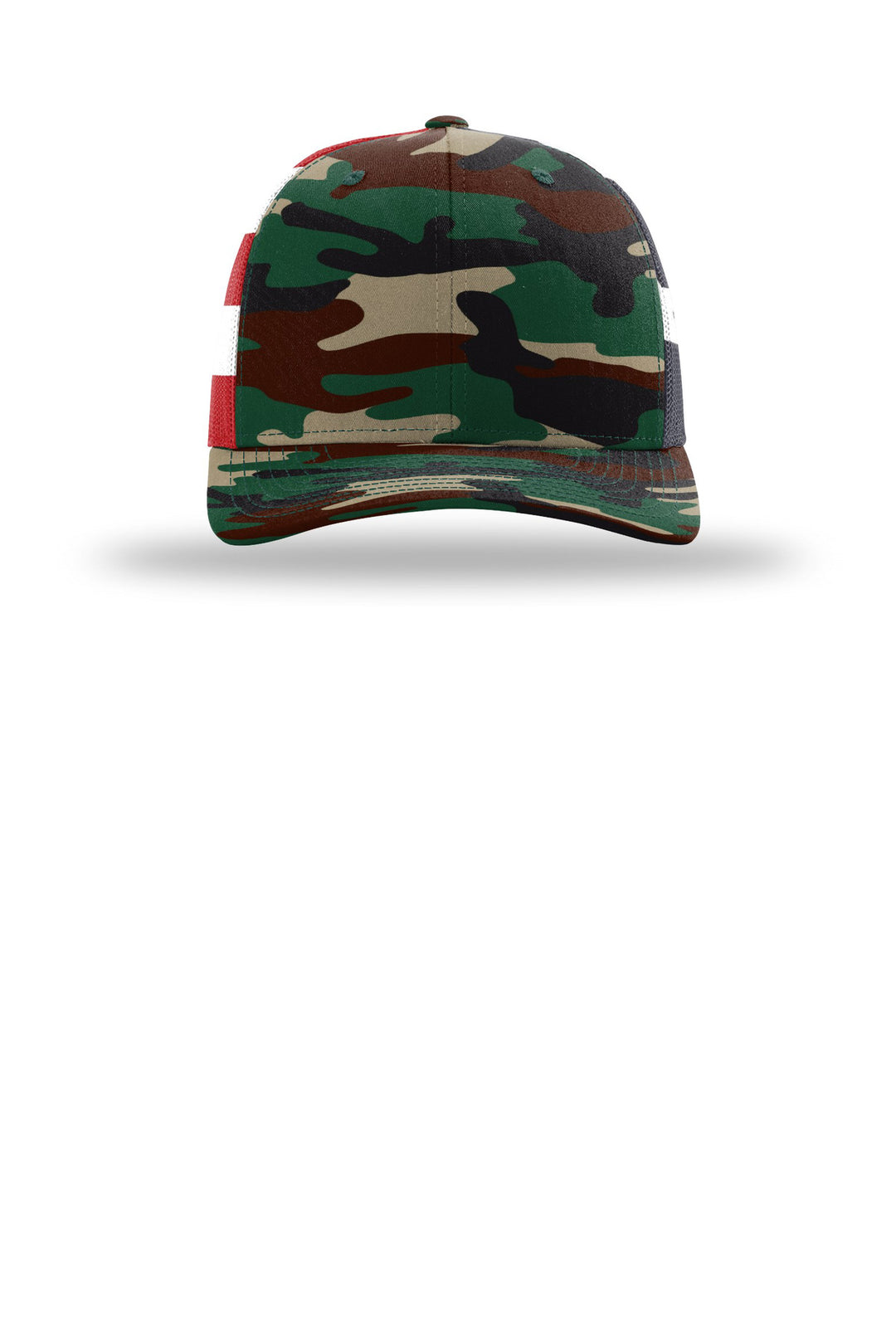 Richardson Printed Mesh Trucker 112PM — Green Camo/ Stars Stripes — front