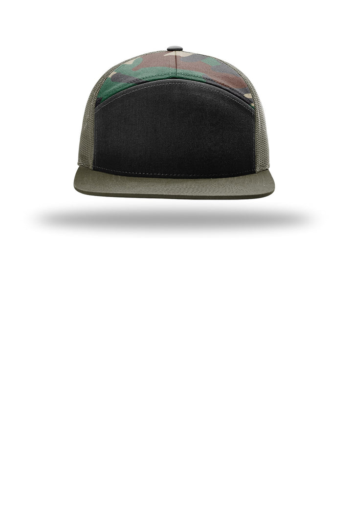 Richardson 7-Panel Trucker 168 — Black/ Green Camo/ Loden — front