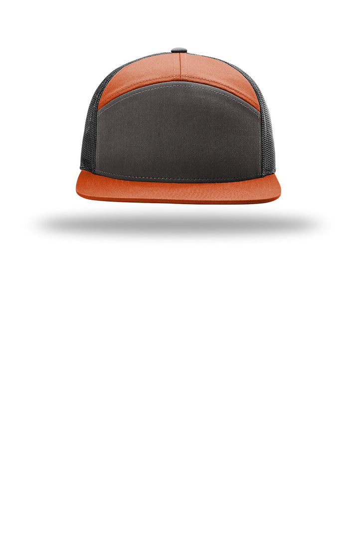 Richardson 7-Panel Trucker 168 — Charcoal/ Burnt Orange/ Black — front