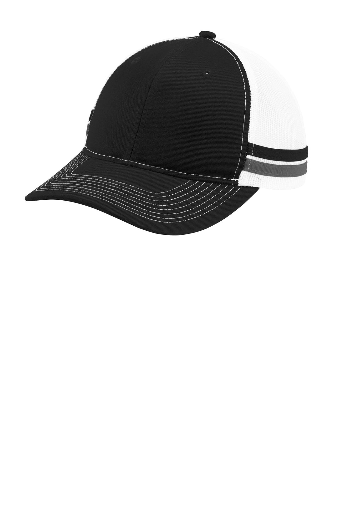 Port Authority  Two-Stripe Snapback Trucker Cap. C113 — Black/ Grey Steel/ White — front