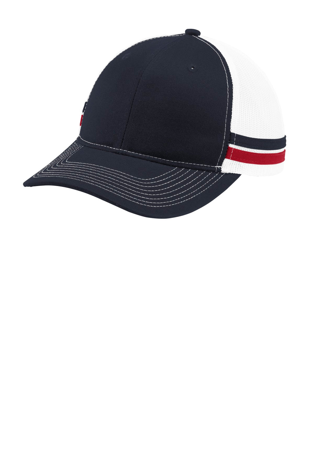 Port Authority  Two-Stripe Snapback Trucker Cap. C113 — Rich Navy/ Flame Red/ White — front