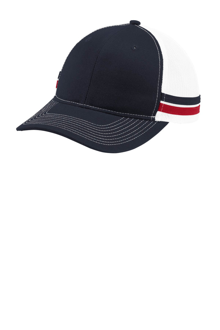 Port Authority  Two-Stripe Snapback Trucker Cap. C113 — Rich Navy/ Flame Red/ White — front