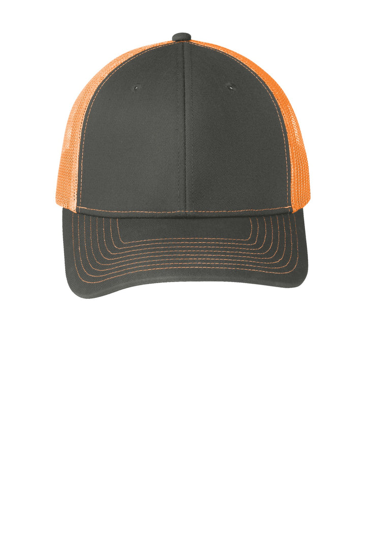 Port Authority Snapback Trucker Cap. C402 — Grey Steel/ Neon Orange — front