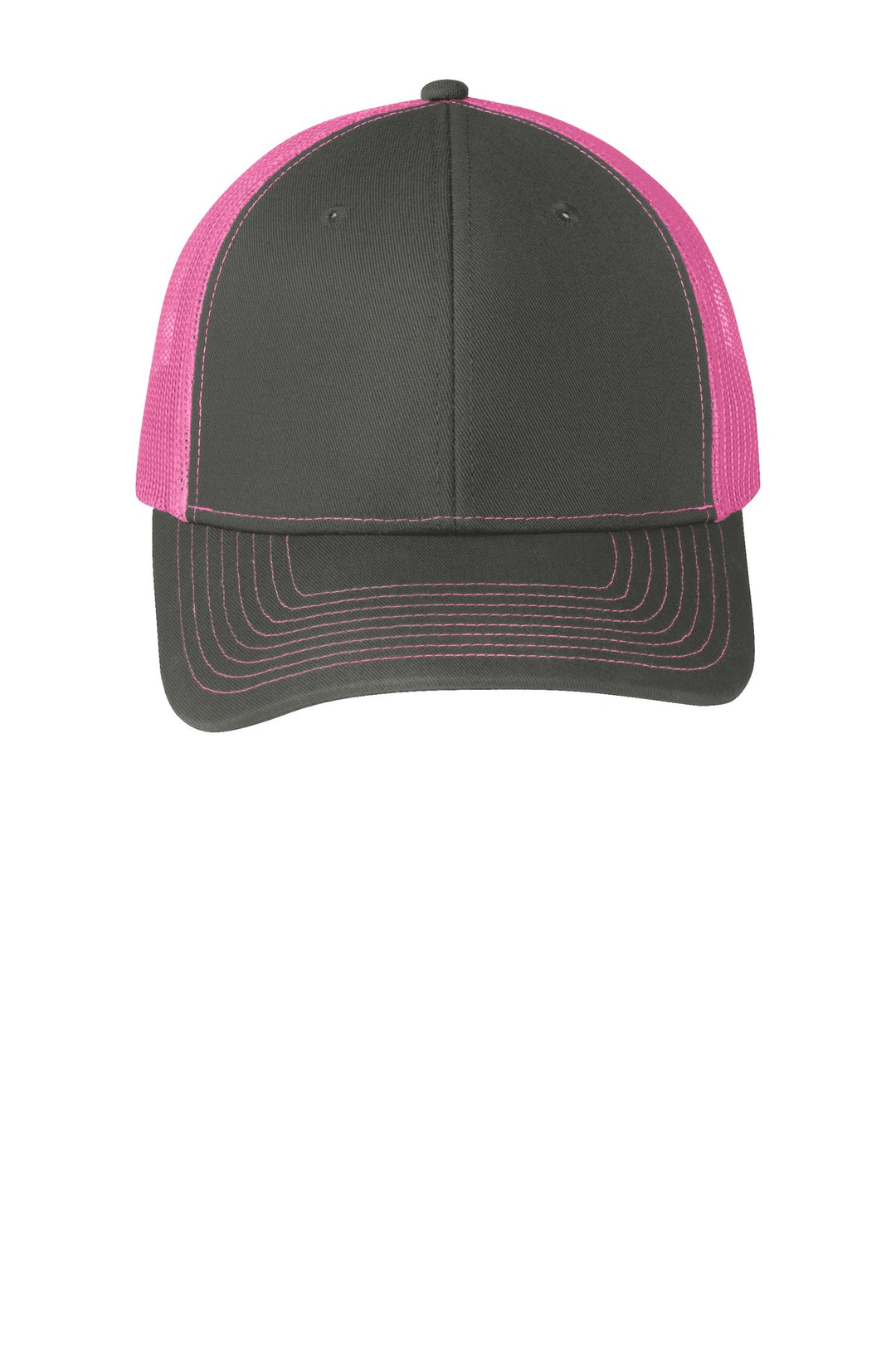 Port Authority Snapback Trucker Cap. C402 — Grey Steel/ Neon Pink — front