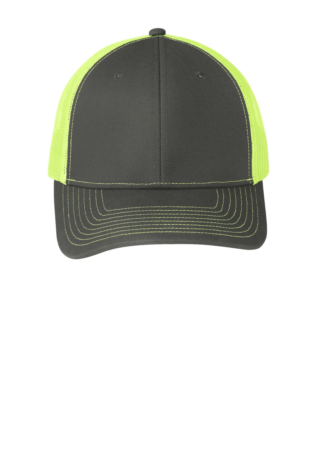 Port Authority Snapback Trucker Cap. C402 — Grey Steel/ Neon Yellow — front