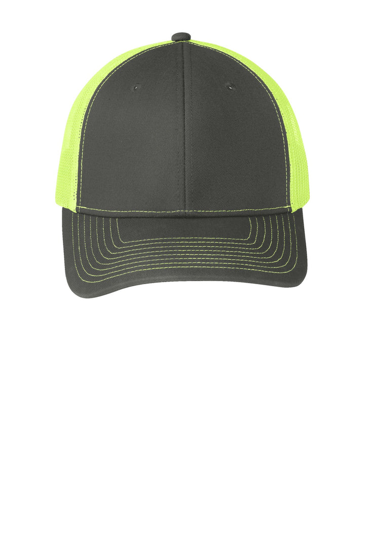 Port Authority Snapback Trucker Cap. C402 — Grey Steel/ Neon Yellow — front