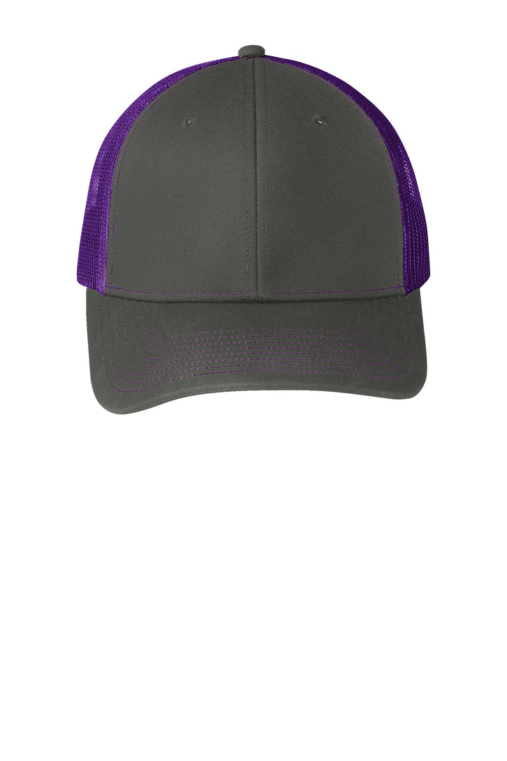 Port Authority Snapback Trucker Cap. C402 — Grey Steel/ Purple — front