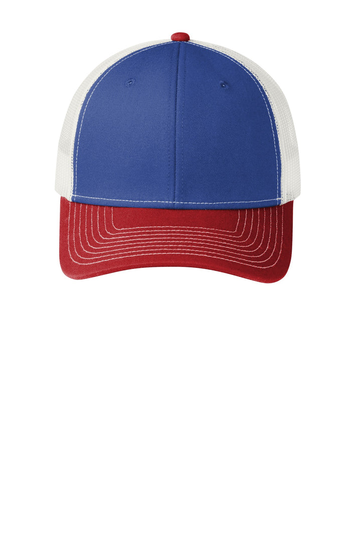Port Authority Snapback Trucker Cap. C402 — Patriot Blue/ Flame Red/ White — front