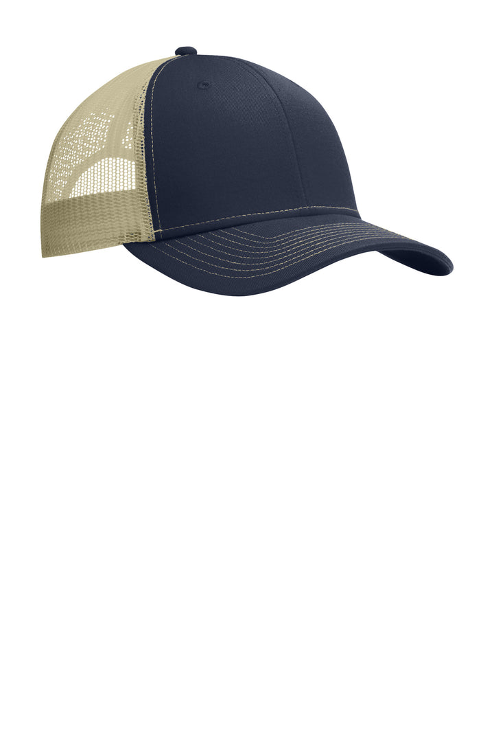 Port Authority Snapback Trucker Cap. C402 — Rich Navy/ True Khaki — front