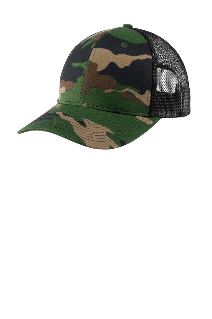 Port Authority Snapback Trucker Cap. C402 — Woodland Camo/ Black — front
