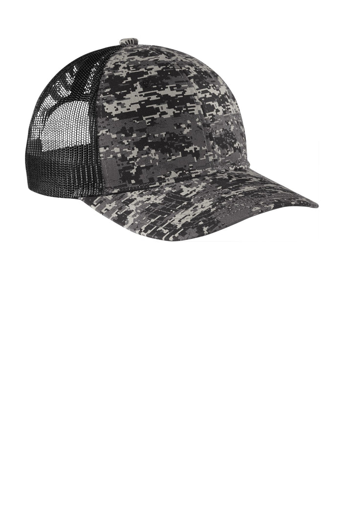 Port Authority  Digi Camo Snapback Trucker Cap C404 — Black Digi/ Black — front