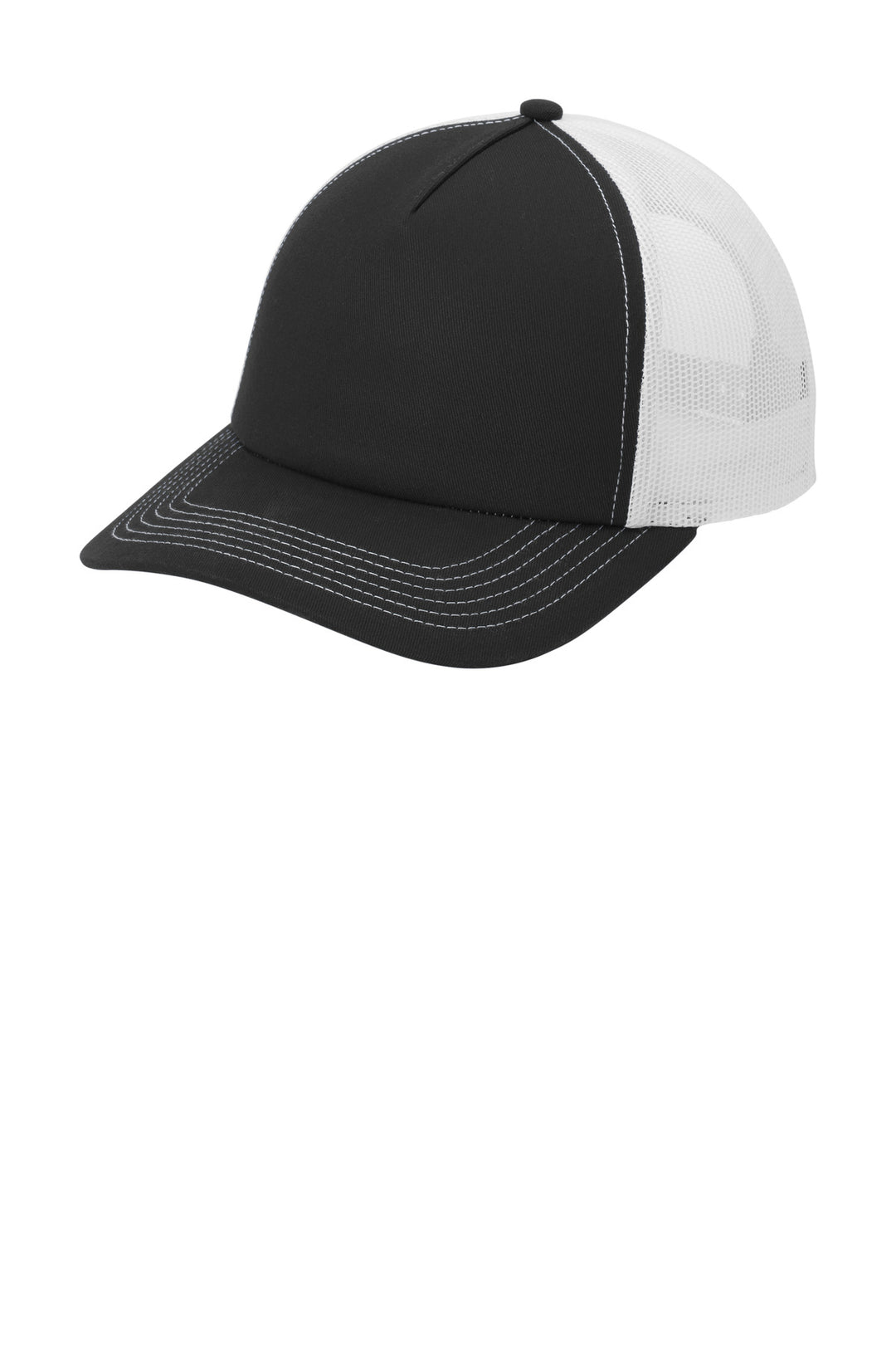 Port Authority Low-Profile Snapback 5-Panel Trucker Cap C405LP — Black/ White — front