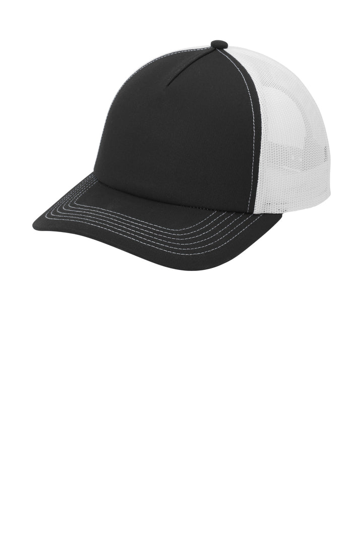Port Authority Low-Profile Snapback 5-Panel Trucker Cap C405LP — Black/ White — front
