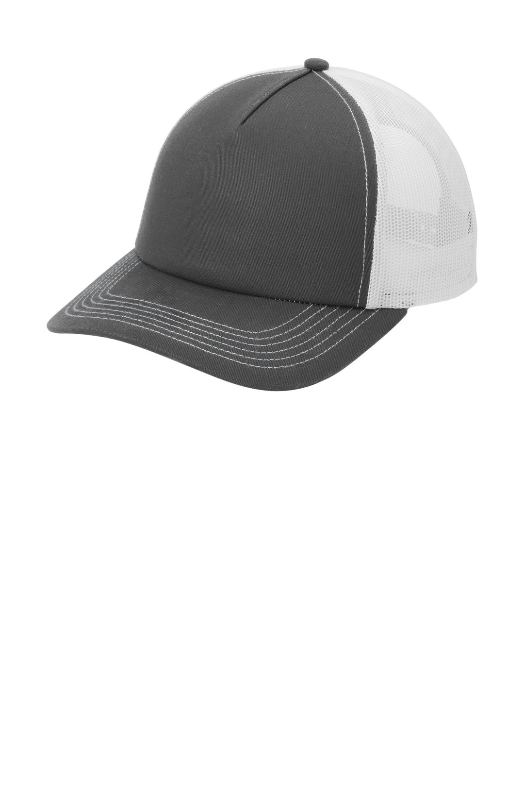 Port Authority Low-Profile Snapback 5-Panel Trucker Cap C405LP — Grey Steel/ White — front