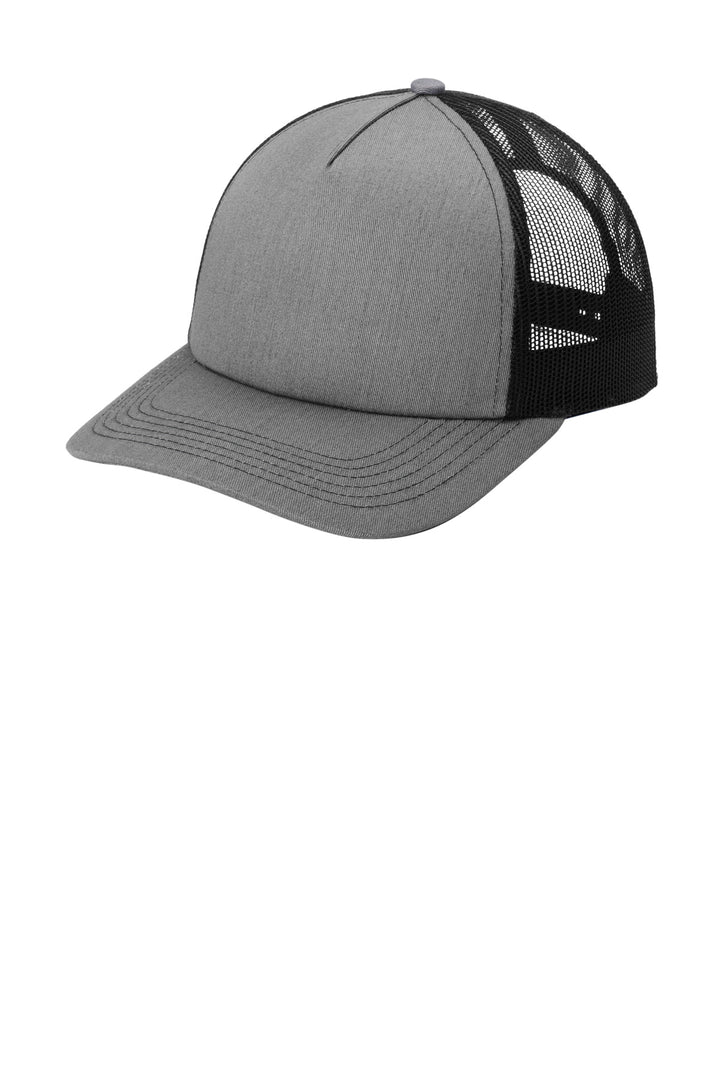 Port Authority Low-Profile Snapback 5-Panel Trucker Cap C405LP — Heather Grey/ Black — front