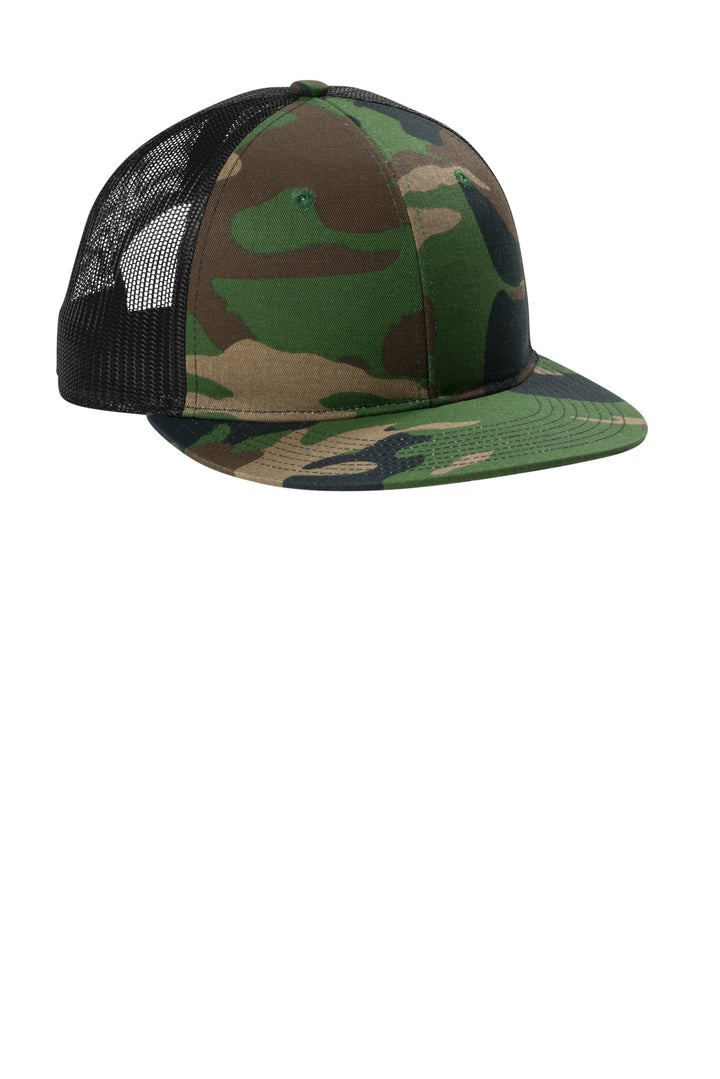 Port Authority Snapback Flat Bill Trucker Cap C407 — Woodland Camo/ Black — front
