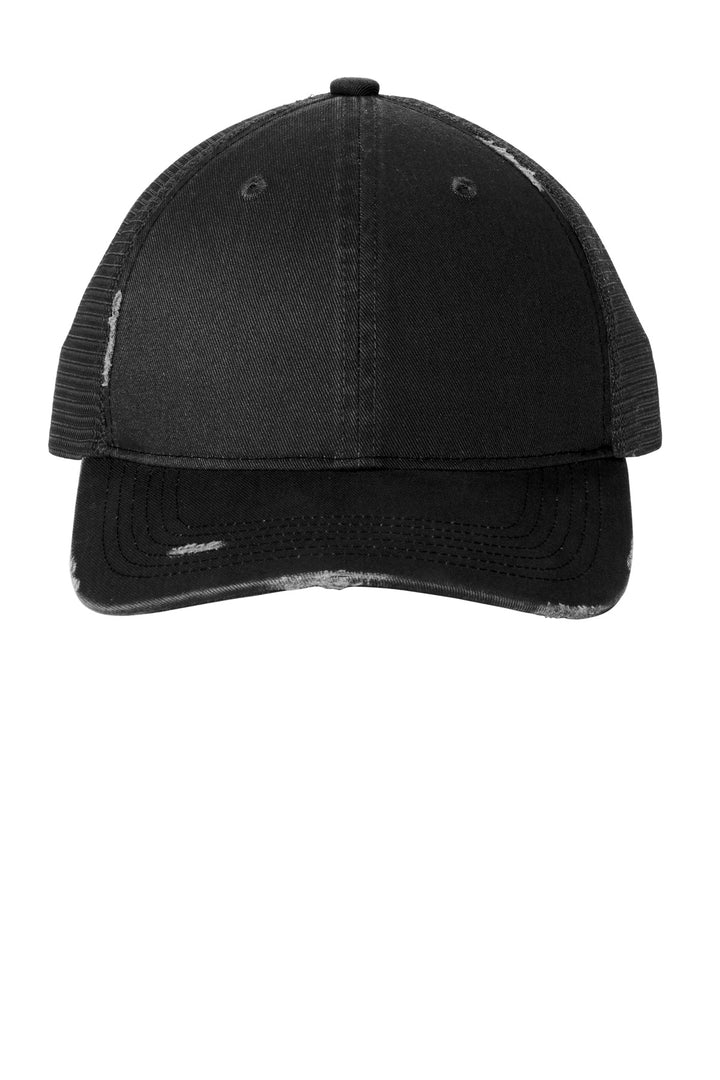 Port Authority Distressed Mesh Back Cap C600 — Black/ Black — front