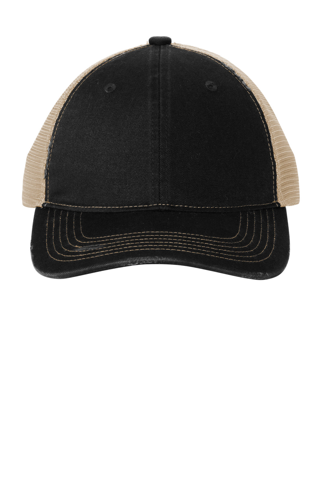 Port Authority Distressed Mesh Back Cap C600 — Black/ Khaki — front