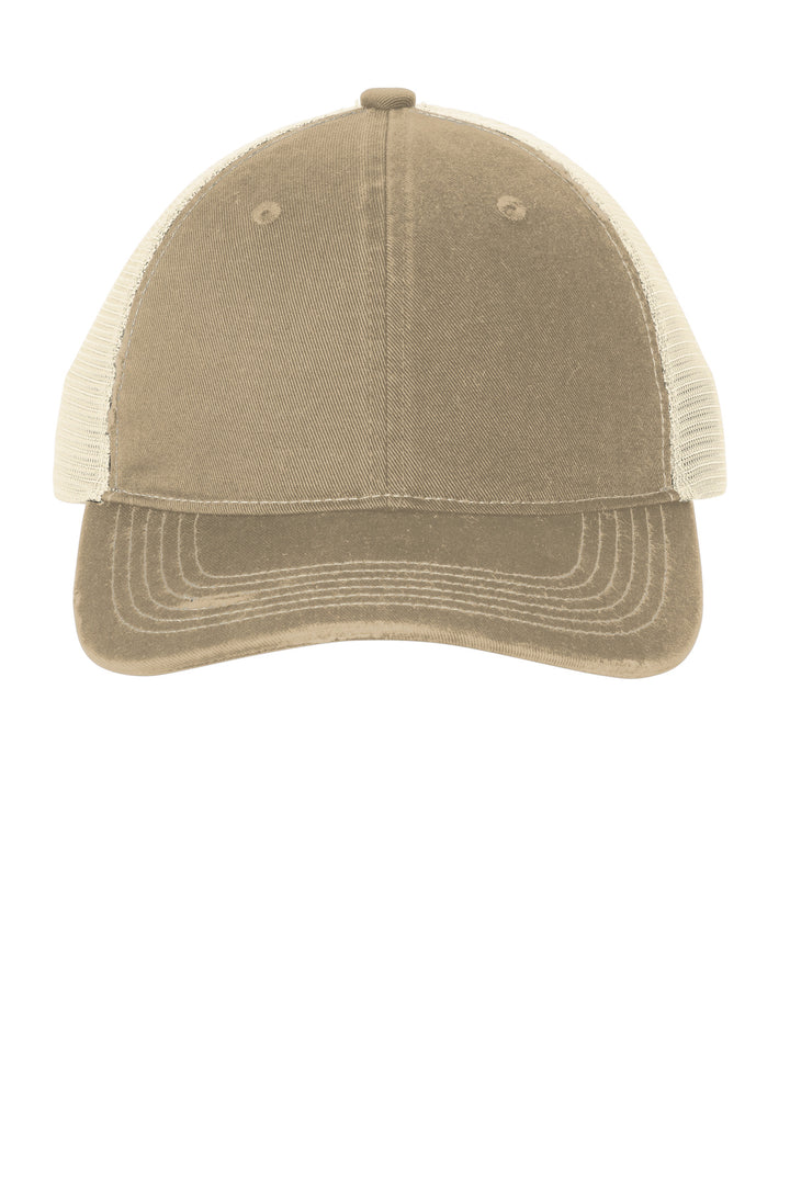 Port Authority Distressed Mesh Back Cap C600 — Khaki/ Stone — front