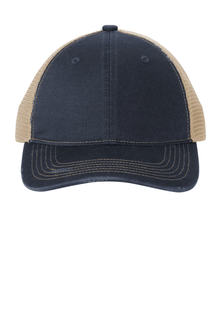 Port Authority Distressed Mesh Back Cap C600 — River Blue Navy/ Khaki — front