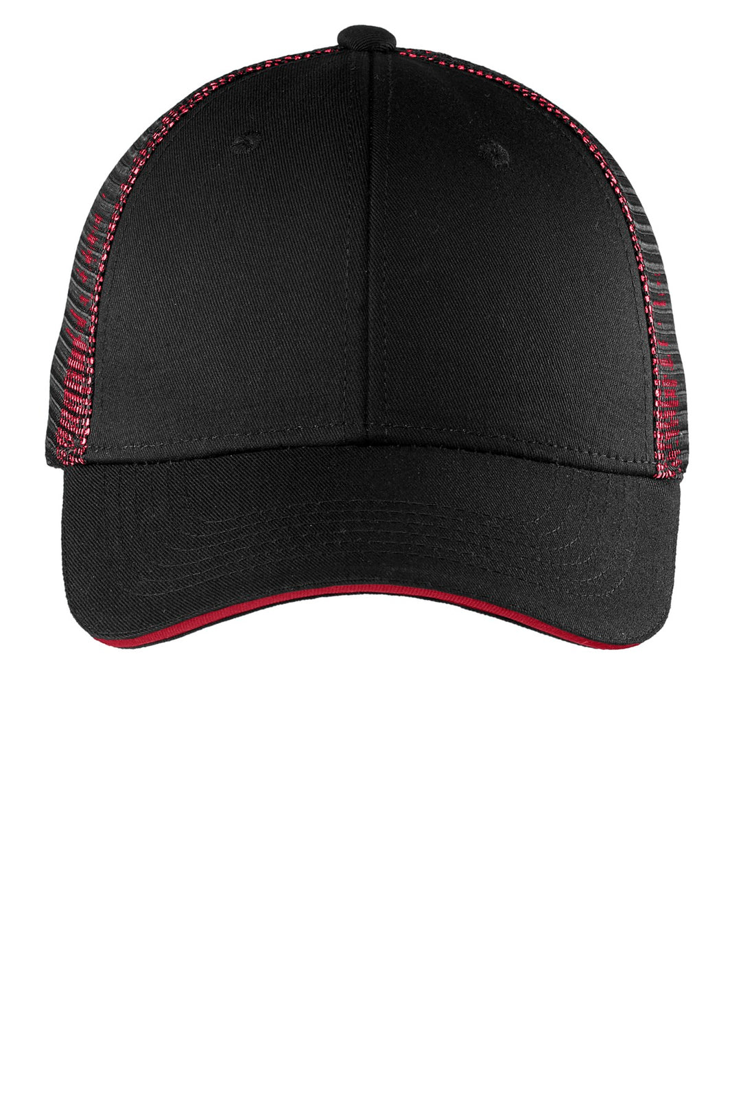 Port Authority Double Mesh Snapback Sandwich Bill Cap. C818 — Black/ Red — front