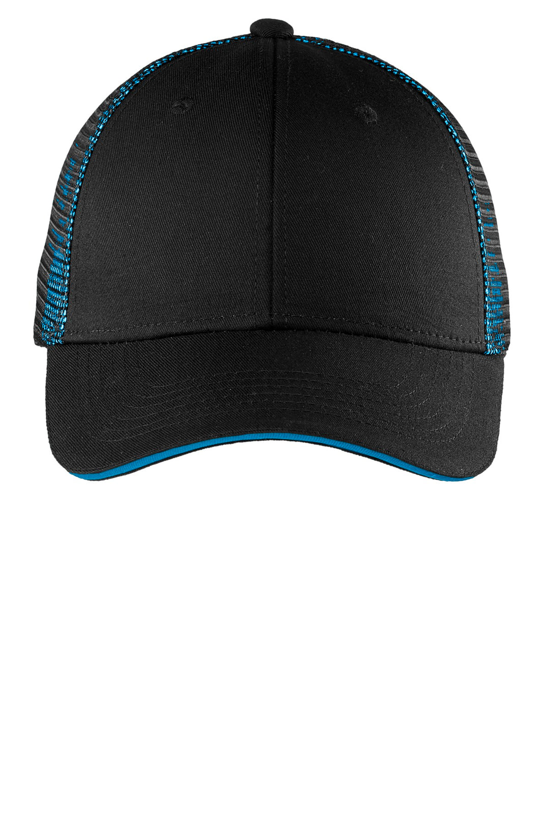 Port Authority Double Mesh Snapback Sandwich Bill Cap. C818 — Black/ Shock Blue — front