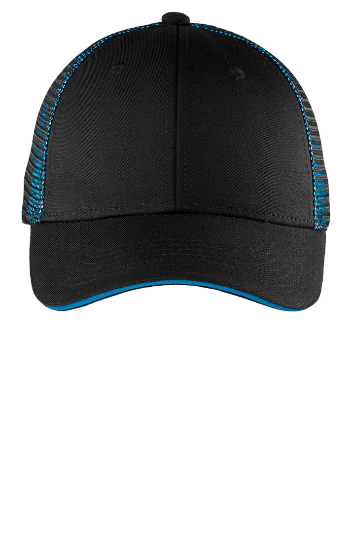 Port Authority Double Mesh Snapback Sandwich Bill Cap. C818 — Black/ Shock Blue — front