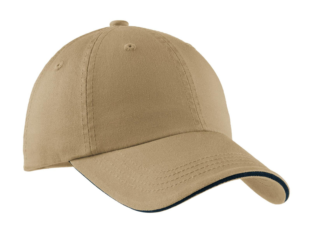 Port Authority Sandwich Bill Cap with Striped Closure.  C830 — Khaki/ Charcoal Blue — front