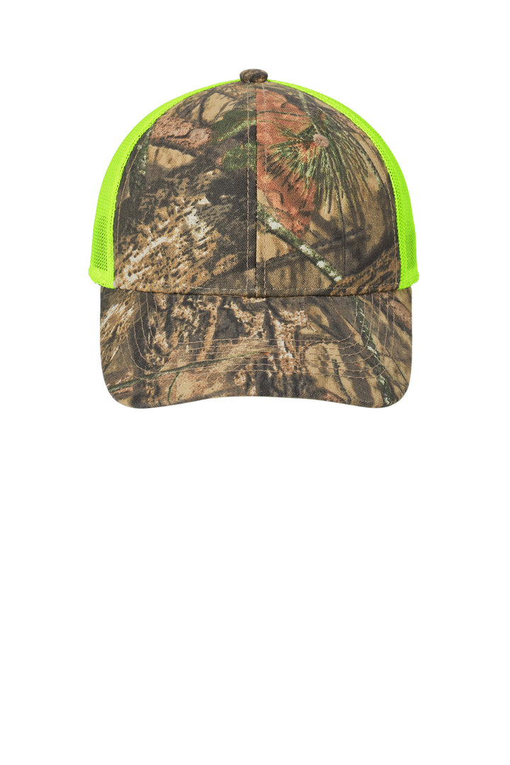 Port Authority Structured Camouflage Mesh Back Cap. C930 — Mossy Oak Break-Up Country/ Neon Yellow — front