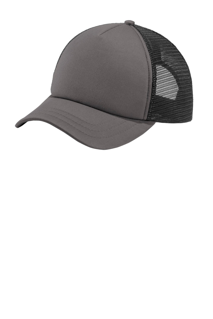 Port Authority  5-Panel Twill Foam Trucker Cap. C936 — Charcoal/ Black — front