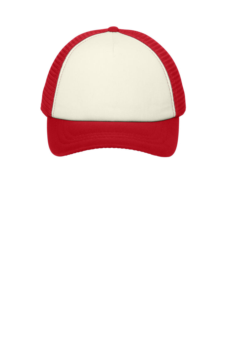 Port Authority  5-Panel Twill Foam Trucker Cap. C936 — Ivory/ Red — front
