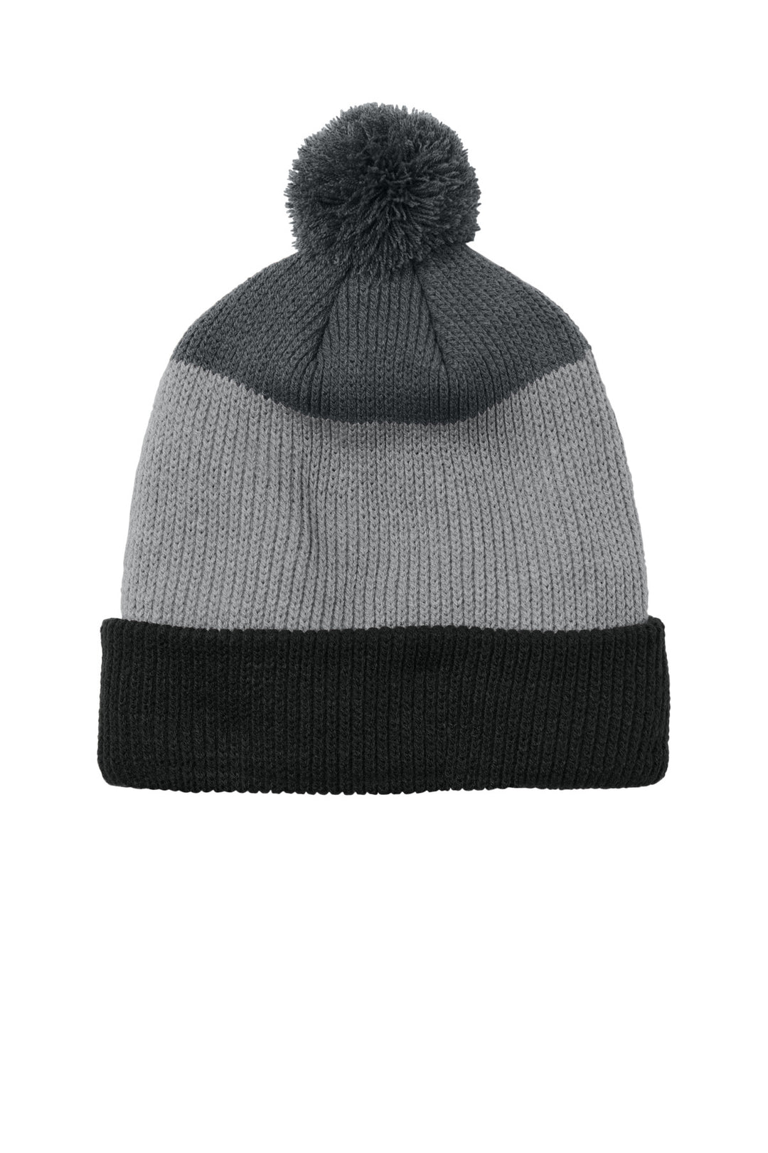 Port Authority Cozy Striped Pom Beanie C979 — Deep Black/ Gusty Grey/ Storm Grey — front