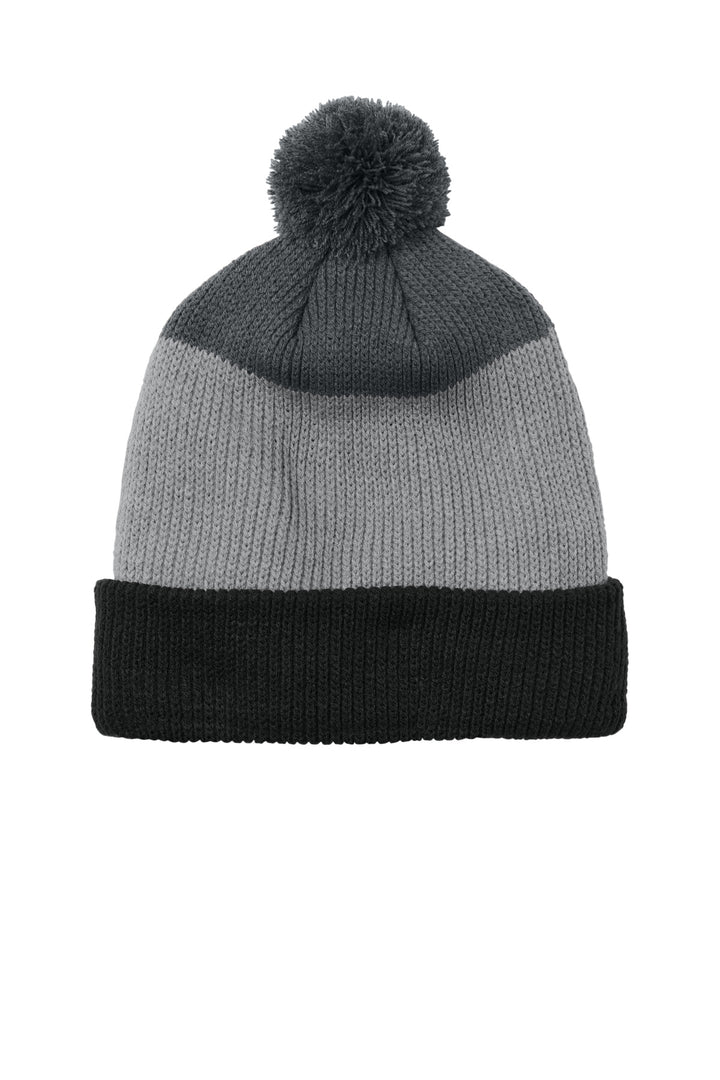 Port Authority Cozy Striped Pom Beanie C979 — Deep Black/ Gusty Grey/ Storm Grey — front
