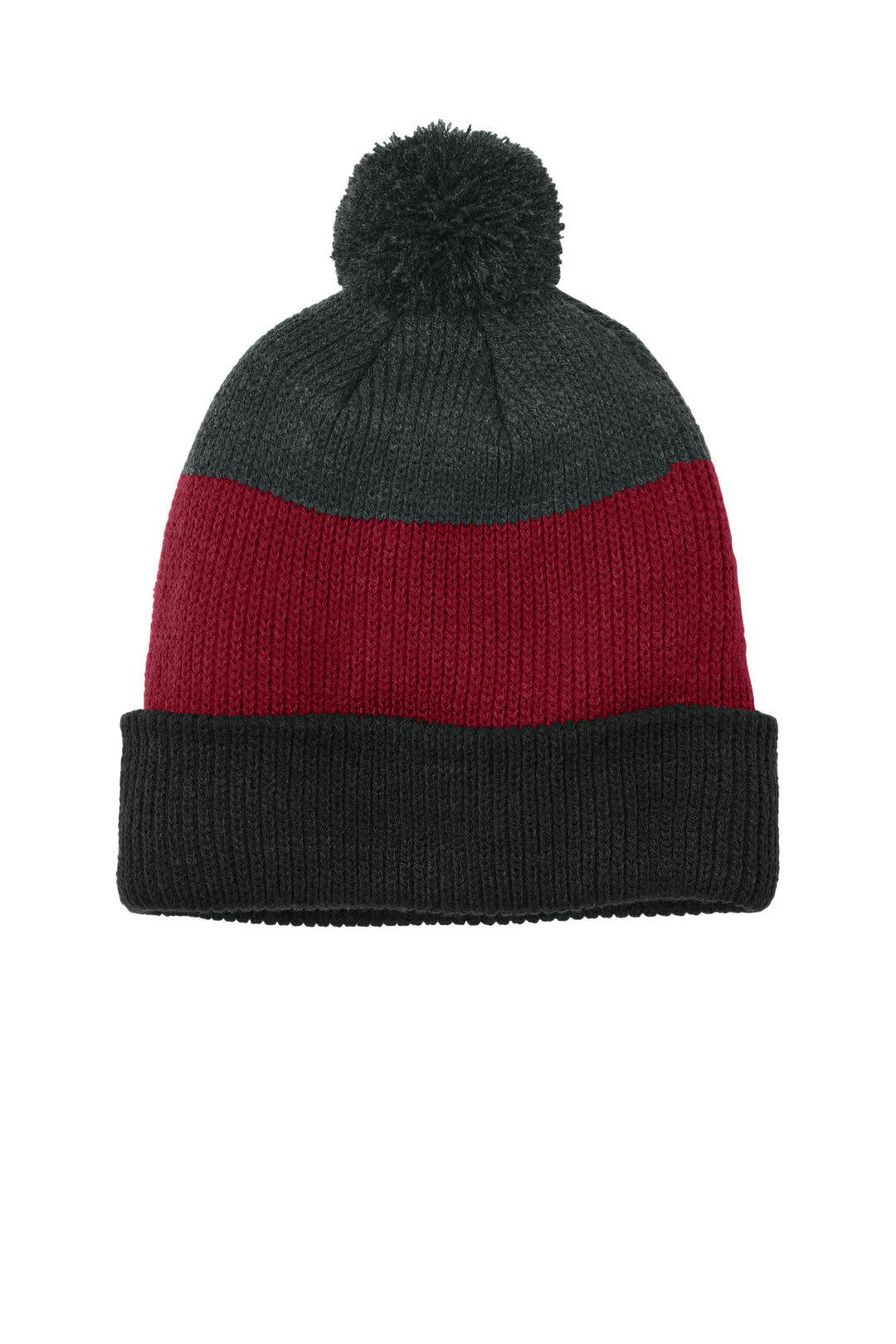 Port Authority Cozy Striped Pom Beanie C979 — Deep Black/ Rich Red/ Charcoal Heather — front